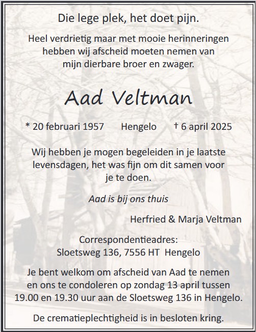 Overlijden dhr. Veltman